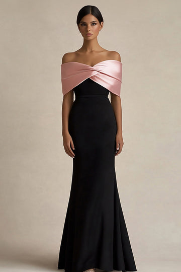 Black and Pink Sheath Off the Shoulder Satin Long Evening Dress